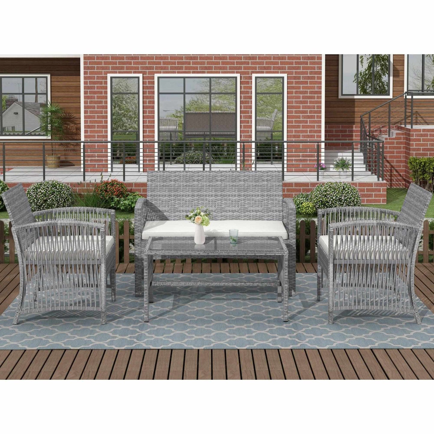 4 Pieces Outdoor Furniture Rattan Chair  Table Patio Set Outdoor Sofa for Garden, Backyard, Porch and Poolside, Gray