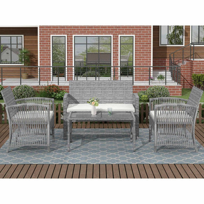 4 Pieces Outdoor Furniture Rattan Chair  Table Patio Set Outdoor Sofa for Garden, Backyard, Porch and Poolside, Gray