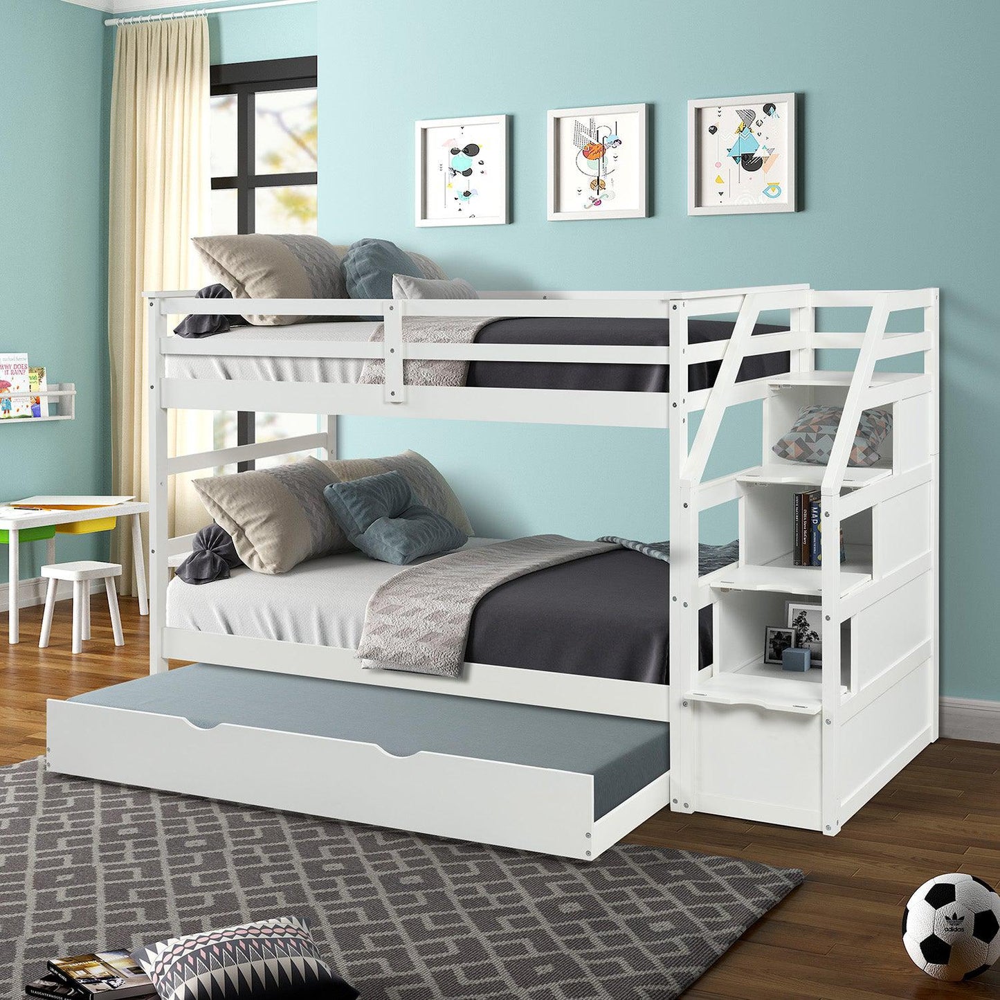 Twin-Over-Twin Bunk Bed with Twin Size Trundle and 3 Storage Stairs (White)